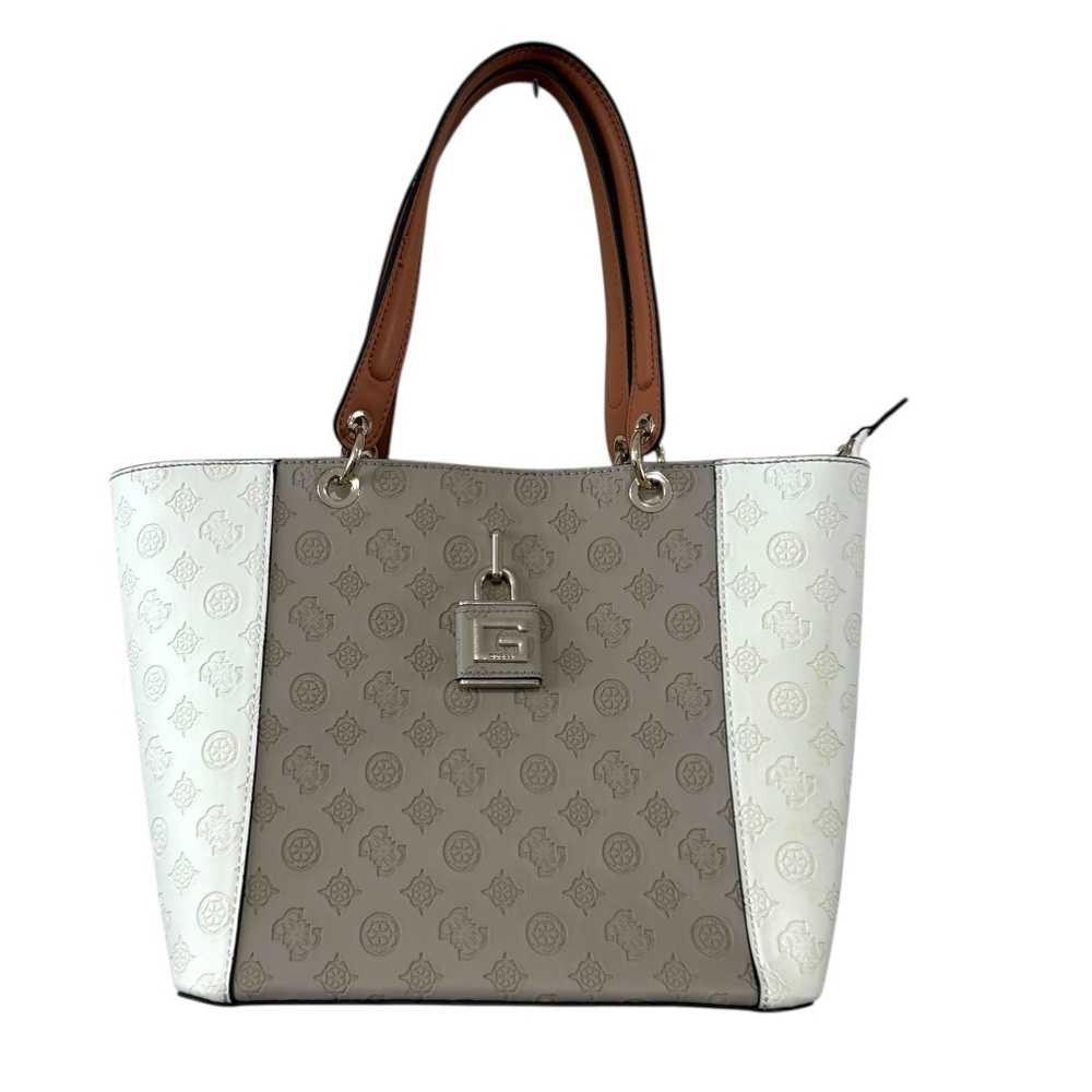 Guess Kamryn Shopper Tote Beige Cream Grey Debossed Logo Structured Handbag